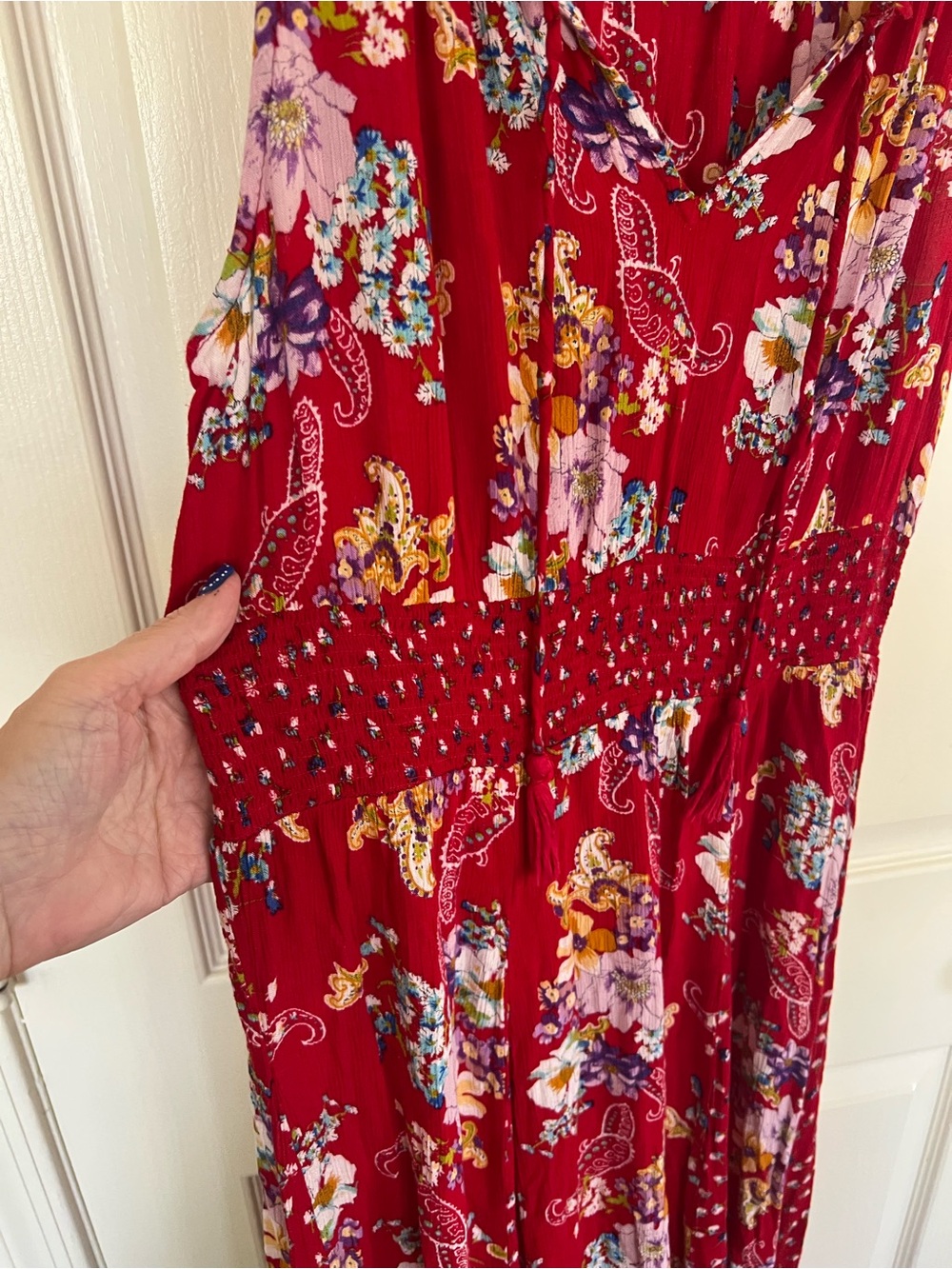 Bila Red Floral Paisley Smocked Waist Boho Maxi Dress L - Picture 9 of 14